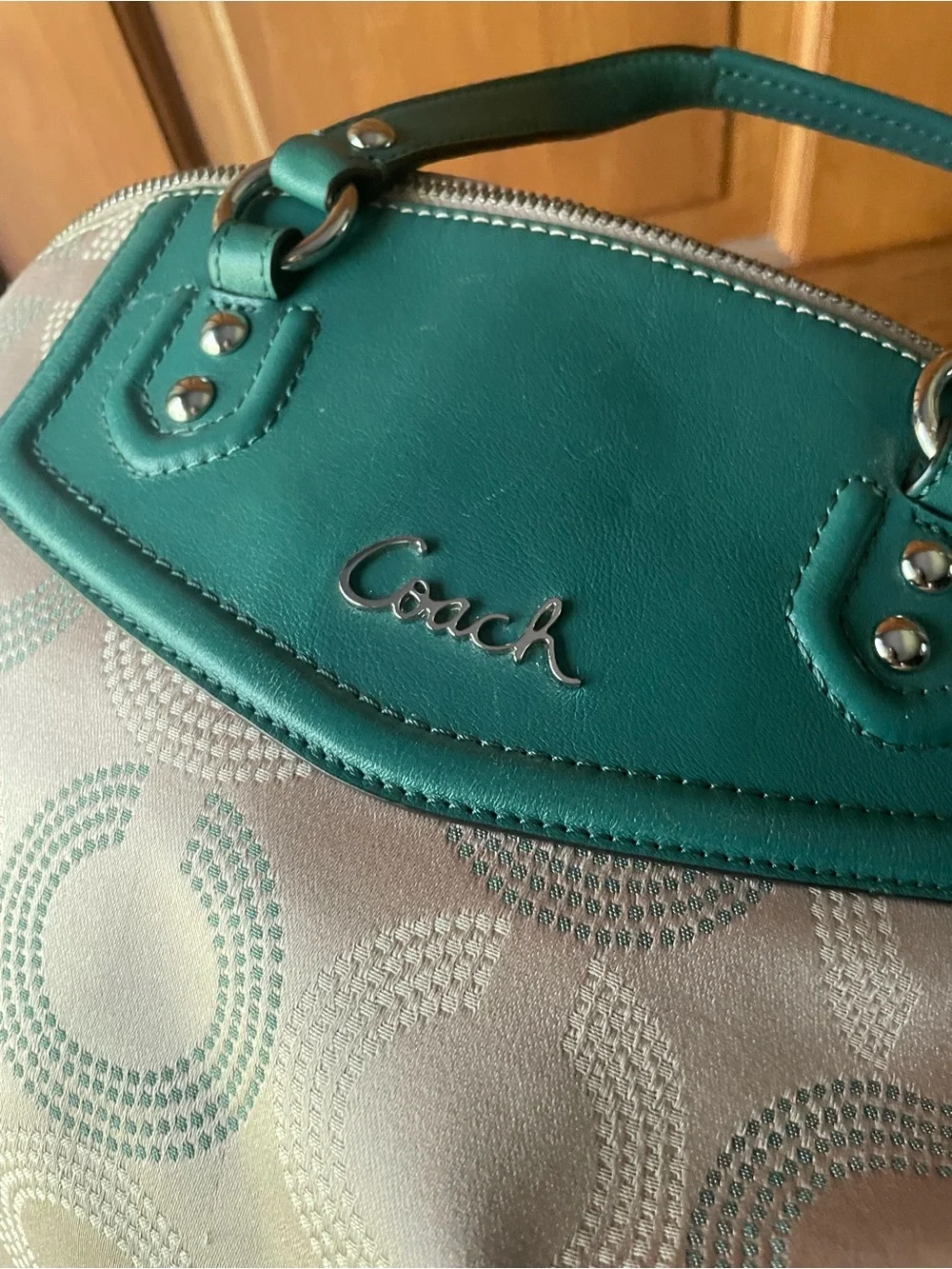 Coach Sabrina Signature C Print Sateen Fabric w/Green Leather Trim F25183